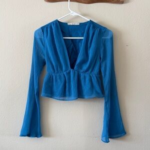 Abercrombie & Fitch Blue Chiffon Bell Sleeve Deep V Neck Peplum Top Size XXS